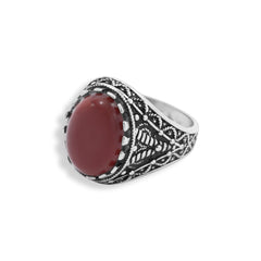Maroon Oval Mens Silver Ring