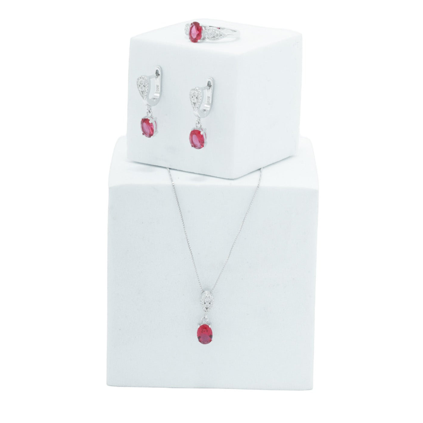 Jewelry sterling silver set with necklace, earrings, and ring pink zircon