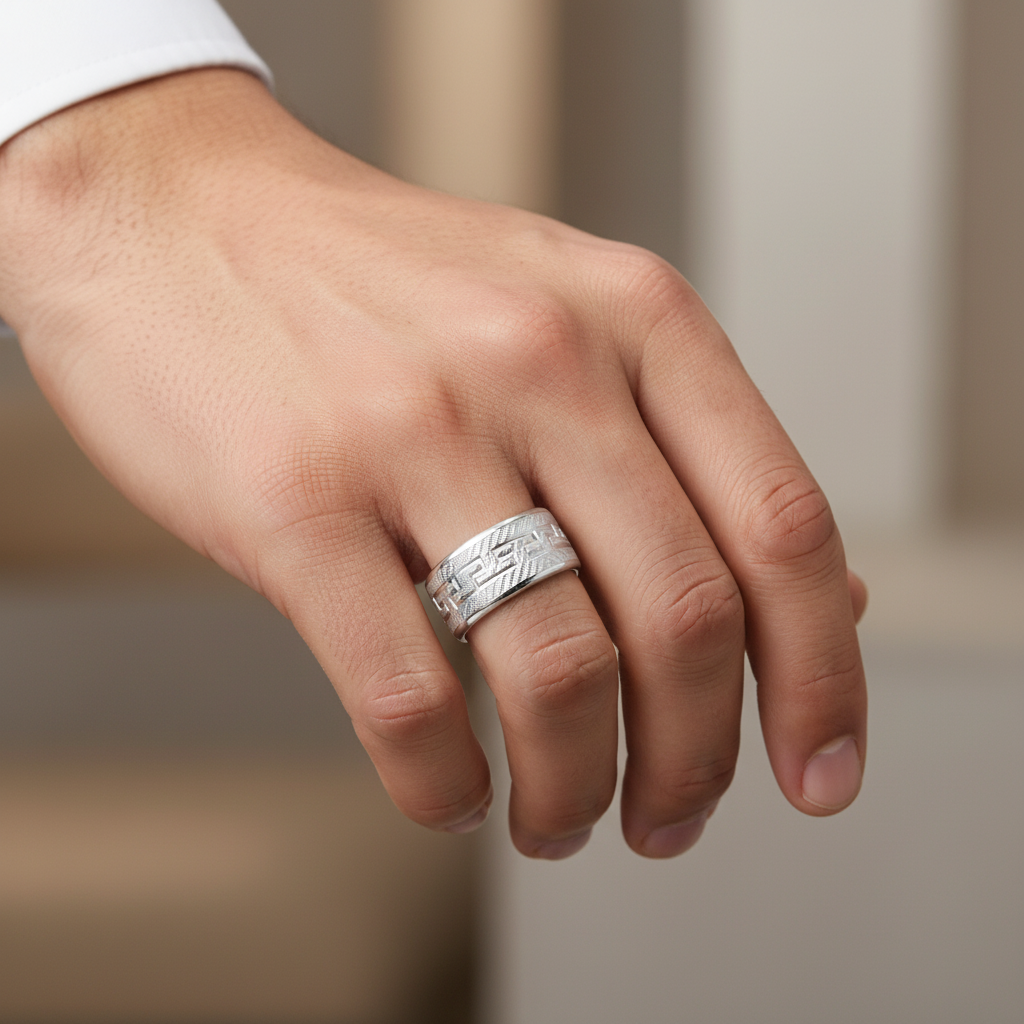 Patterned Shiny Silver Ring