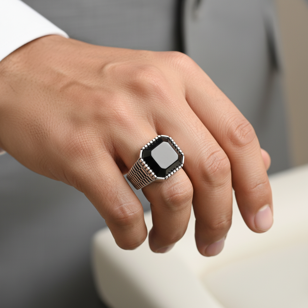 Rounded Square Black Stone Ring