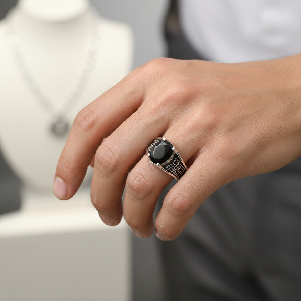 Dotted Black Stone Ring For Men