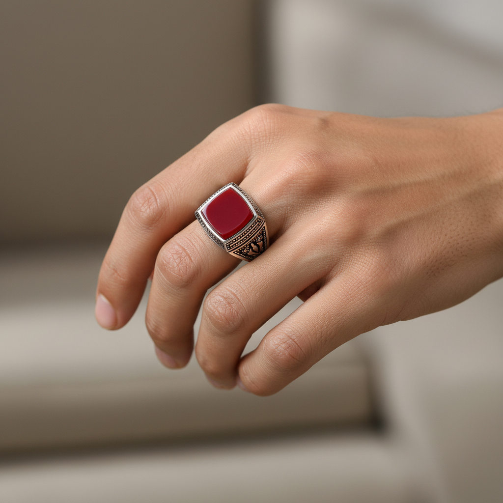 Maroon Silver Squoval Ring for Men