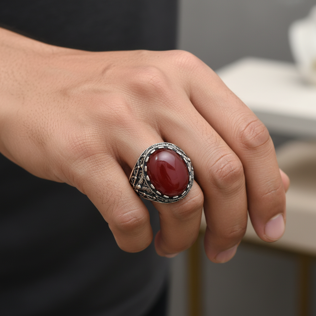 Maroon Oval Mens Silver Ring