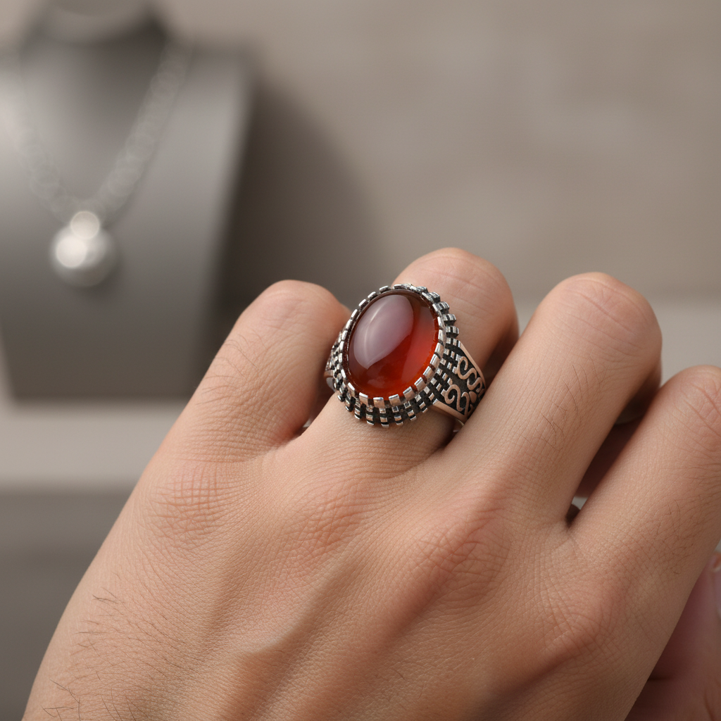 Oval Maroon Zircon Ring For Men