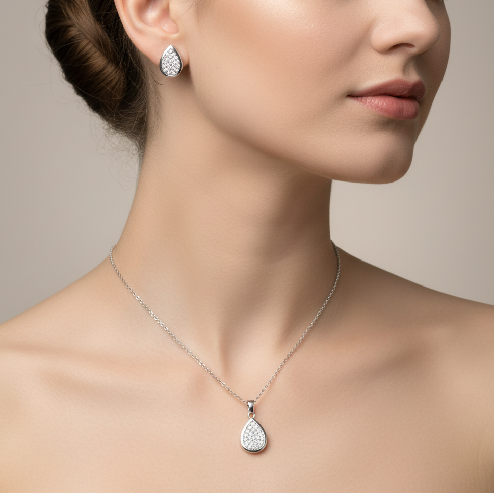 Tear Drop Pendant Silver Set