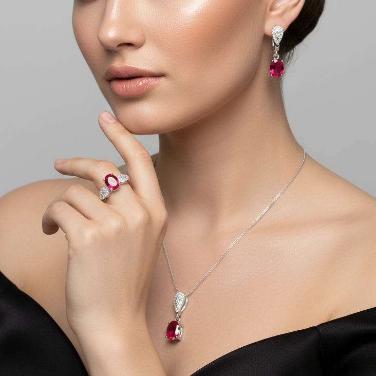 Pink Stone Silver Set