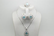 Light Blue Matt Stone Set of Ring (Size 7), Earrings and Pendant with Chain - Women.