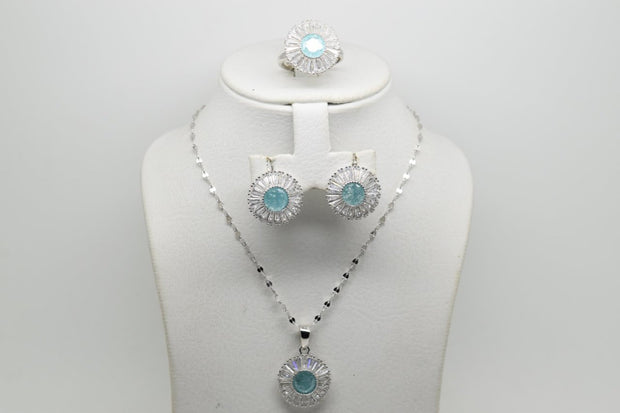 Light Blue Matt Stone Set of Ring (Size 7), Earrings and Pendant with Chain - Women.