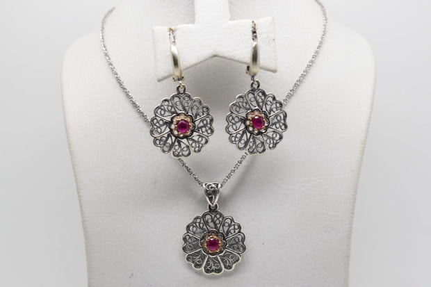 Turkish Red Set of Earrings and Pendant with Chain - Women.