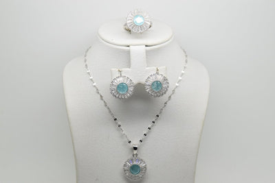 Light Blue Matt Stone Set of Ring (Size 7), Earrings and Pendant with Chain - Women.