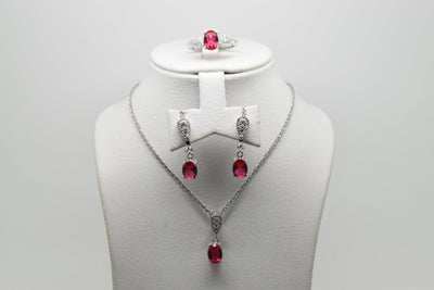 Shocking Pink Stone Set of Ring (Size 7), Earrings and Pendant with Chain - Women.