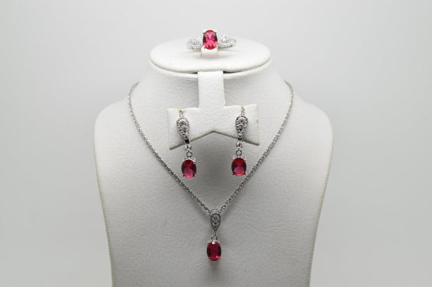 Shocking Pink Stone Set of Ring (Size 7), Earrings and Pendant with Chain - Women.