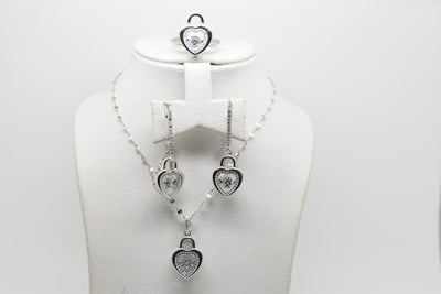 Dangling Heart Set of Ring (Size 8), Earrings and Pendant with Chain - Women.