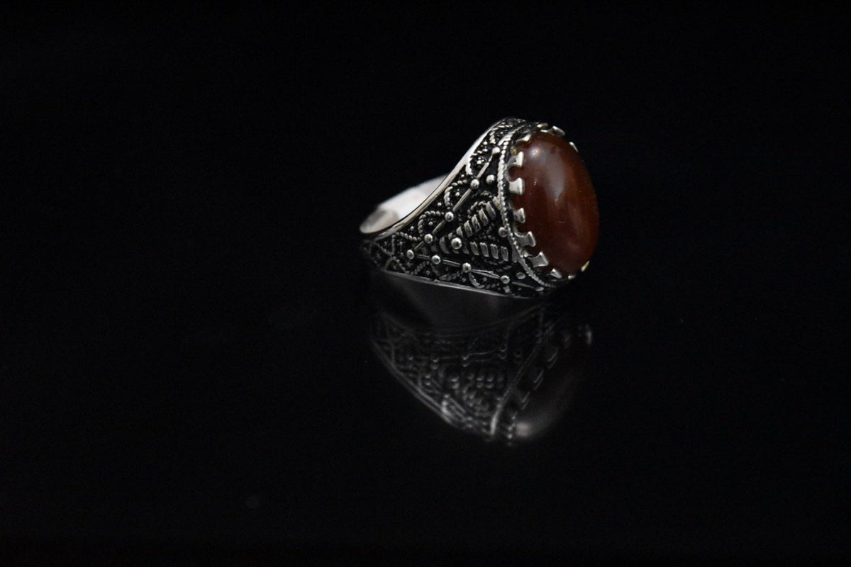 Maroon Oval Mens Silver Ring