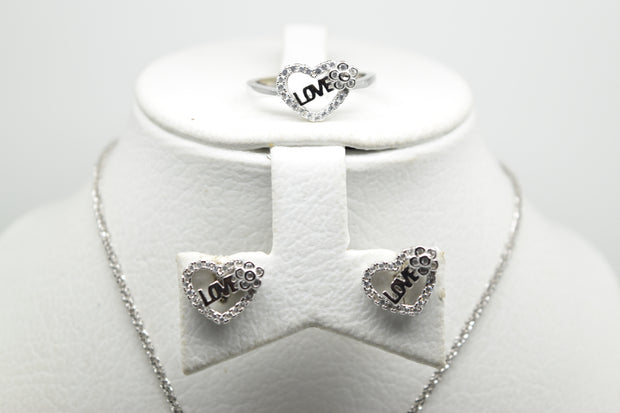 "Love" Set of Ring (Size 6), Earrings and Pendant with Chain - Women.