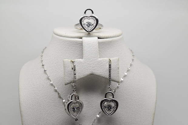 Dangling Heart Set of Ring (Size 8), Earrings and Pendant with Chain - Women.