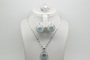 Light Blue Matt Stone Set of Ring (Size 7), Earrings and Pendant with Chain - Women.