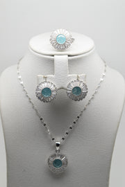 Light Blue Matt Stone Set of Ring (Size 7), Earrings and Pendant with Chain - Women.