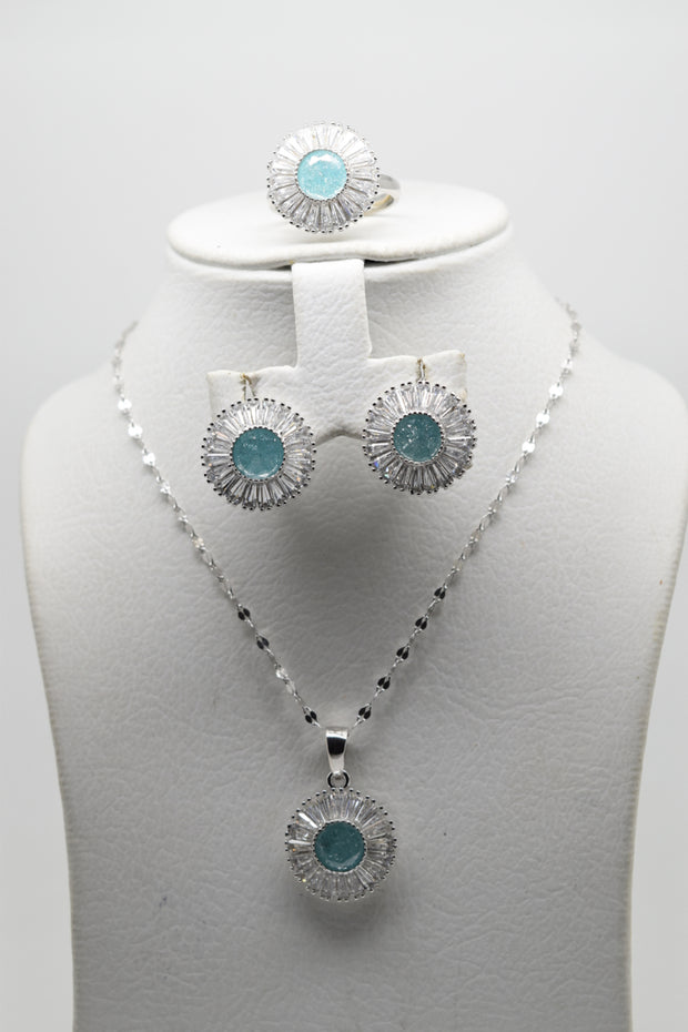 Light Blue Matt Stone Set of Ring (Size 7), Earrings and Pendant with Chain - Women.