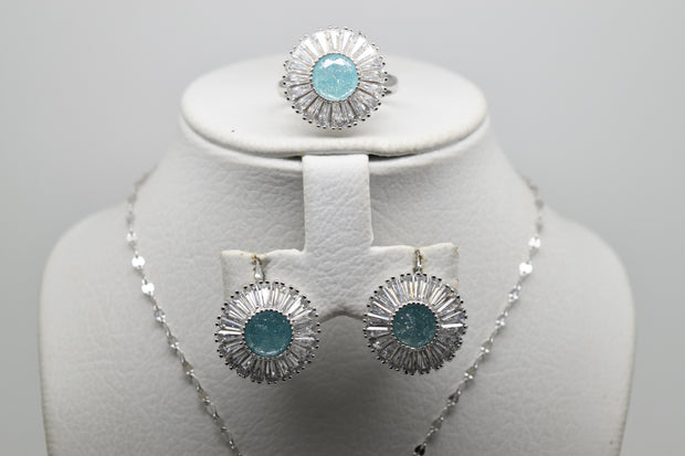 Light Blue Matt Stone Set of Ring (Size 7), Earrings and Pendant with Chain - Women.