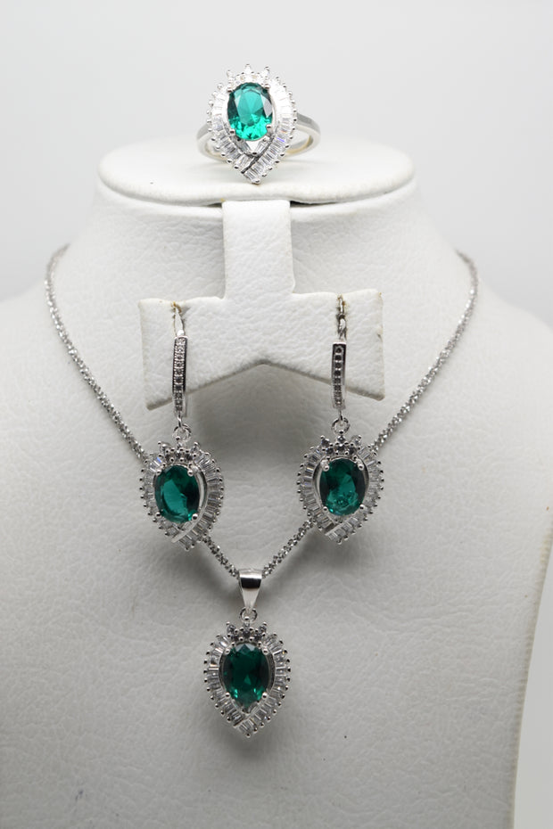 Dark Green Leaf Set of Ring (Size 6.5), Earrings and Pendant with Chain - Women.