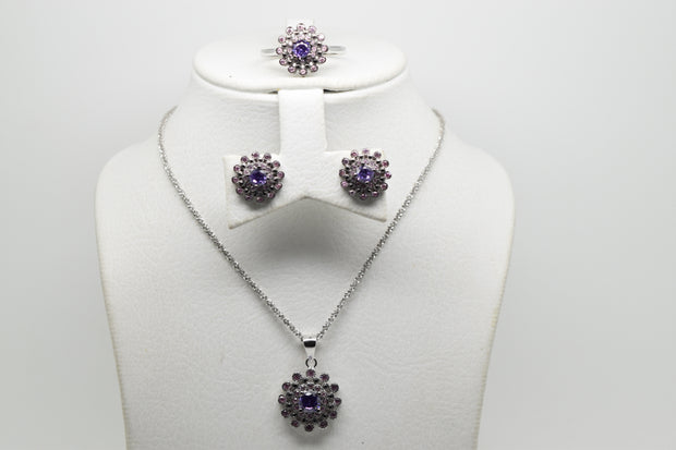 Oxidised Purple Set of Ring (Size 7.5), Earrings and Pendant with Chain - Women.