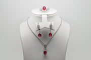 Shocking Pink Stone Set of Ring (Size 7), Earrings and Pendant with Chain - Women.