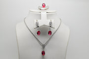 Shocking Pink Stone Set of Ring (Size 7), Earrings and Pendant with Chain - Women.