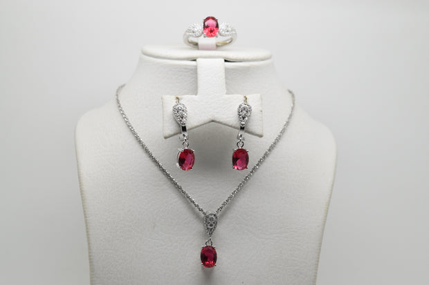 Shocking Pink Stone Set of Ring (Size 7), Earrings and Pendant with Chain - Women.