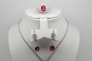 Shocking Pink Stone Set of Ring (Size 7), Earrings and Pendant with Chain - Women.