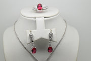 Shocking Pink Stone Set of Ring (Size 7), Earrings and Pendant with Chain - Women.