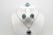 Dark Blue Stone Set of Ring (Size 6), Earrings and Pendant with Chain - Women.