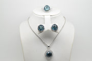 Dark Blue Stone Set of Ring (Size 6), Earrings and Pendant with Chain - Women.