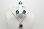 Dark Blue Stone Set of Ring (Size 6), Earrings and Pendant with Chain - Women.