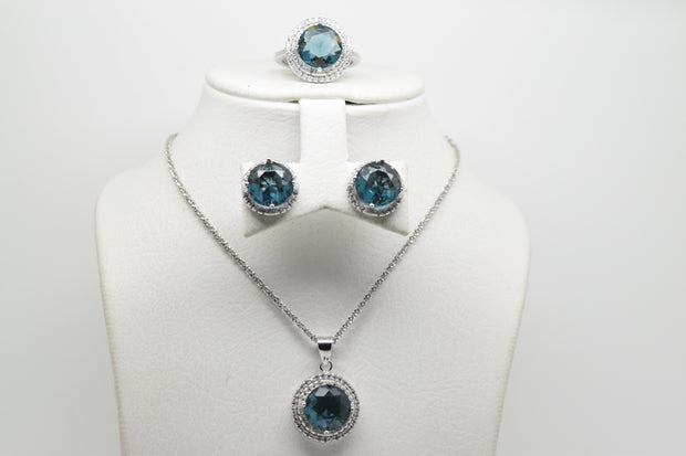 Dark Blue Stone Set of Ring (Size 6), Earrings and Pendant with Chain - Women.